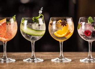 Four gin cocktails with different garnishes
